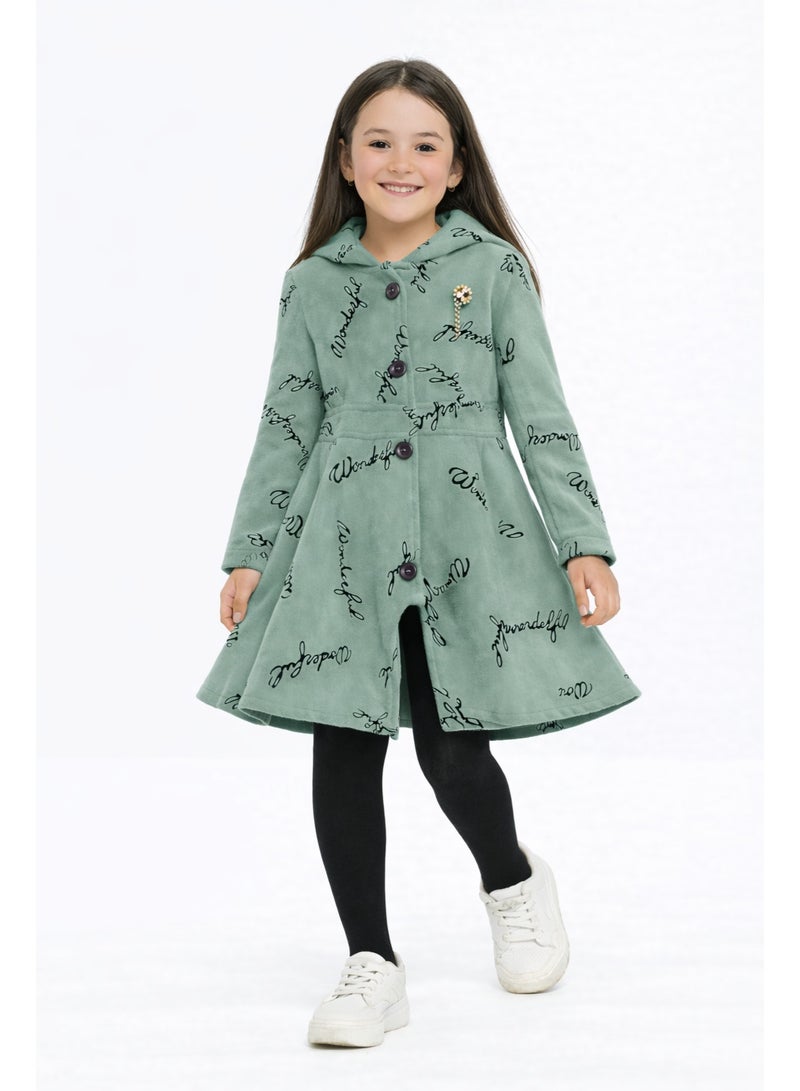 JZRA Girls Green Hooded Flared Coat with Script Print - Image 4